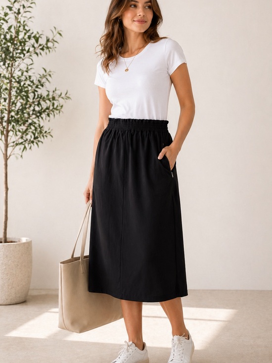 Athleta Dresses & Skirts - Athleta Savannah Skirt Black Midi Elastic Waist Travel L Large EUC